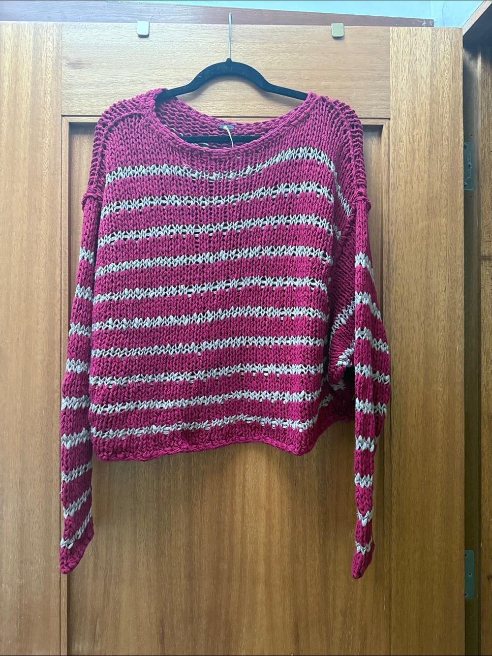 Free People red and beige Striped Knit Crew Sweater